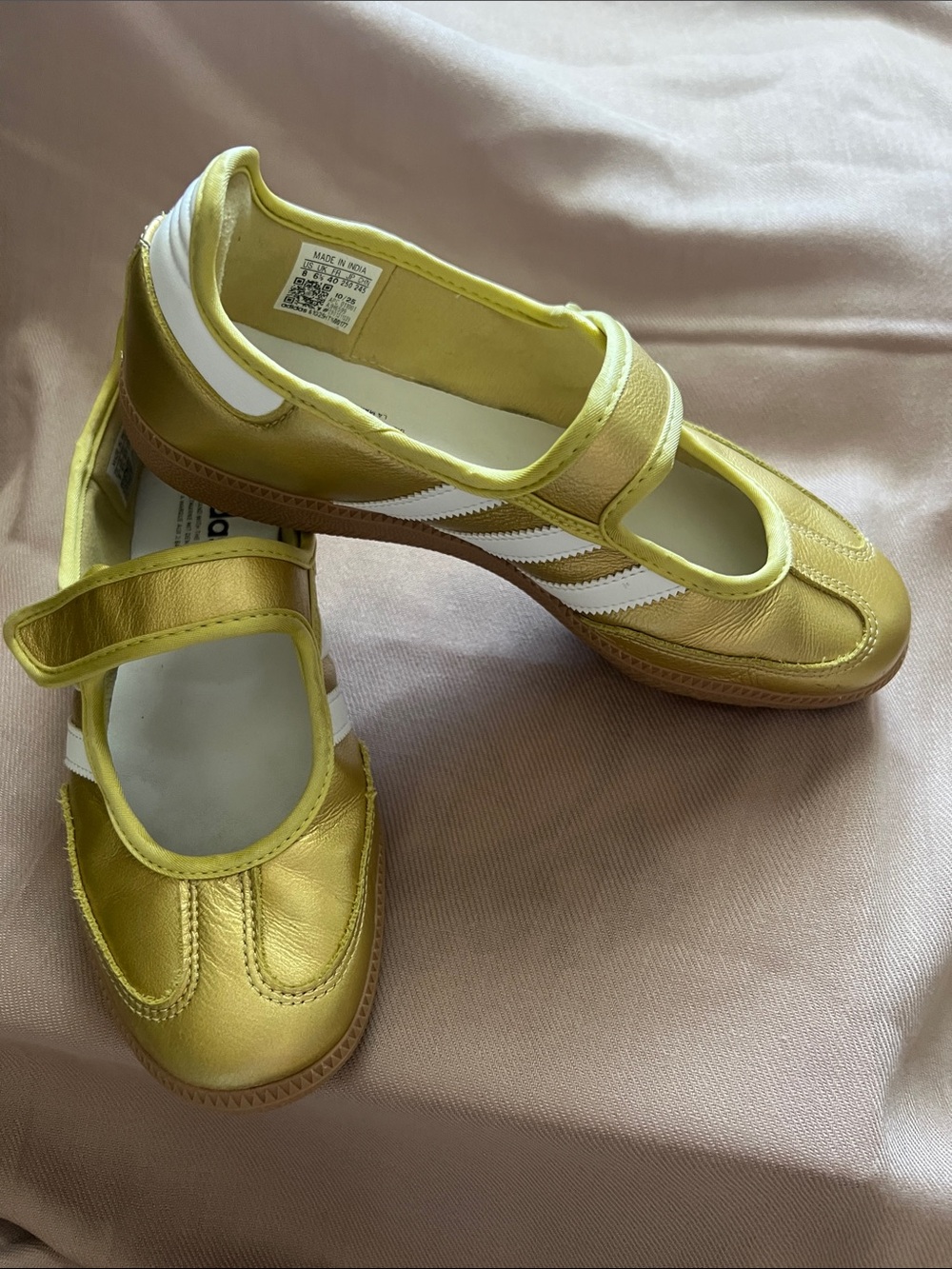 adidas women Metallic Yellow Mary Jane Sneakers with White Stripes